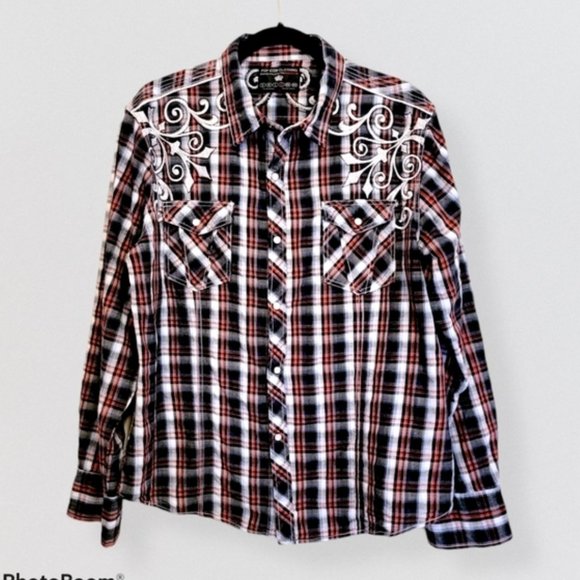 POP ICON CLOTHING Other - Men's Western Shirt Black RedPlaid Embroidery XL
